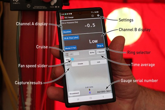 The most substantial upgrade of the DG-1000 over the DG-700 is its connectivity to smartphones and tablets. TEC’s gauge app allows users to operate the DG-1000 remotely and find, say, a leaky spot in the attic. Here, the gauge app screen appears on the author’s smartphone. Once activated, the phone app overrides the unit’s controls.