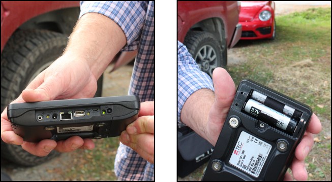 Various charging and interfacing ports are located on the top of the unit—from left to right; fan control jack port, fast charging port, ethernet, USB and micro USB ports, power button and indicator light (left). The DG-1000 uses two lithium-ion rechargeable batteries with a 15-hour runtime (depending on WiFi use and screen brightness). Four strong neodymium magnets (shown here below the batteries) hold the unit to the metal gauge board (right).