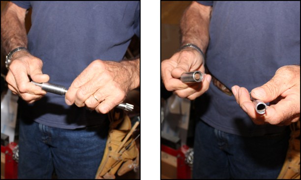 Should the sample break during coring, the custom coring bit (left) separates from the drive adapter (right) to …