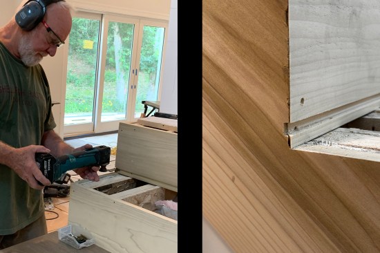 Where the lower six treads have an open skirtboard, the author used a multi-tool to complete the groove in the riser to receive the tongued tread (left). A portion of the open skirtboard miter is cut away (right).