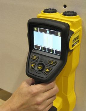 One of the unique features of this tool is the graphic display, which displays a visual representation of what is inside the wall. Here it's showing a stud - not the actual stud but a representation of the wood that it senses behind the drywall.