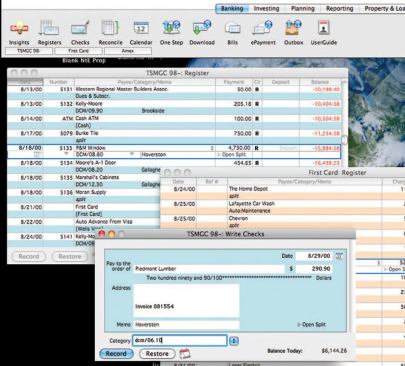 When writing a check to pay an invoice, the author puts the job name on the Memo line and indicates the direct expense category and class in the Category field. As he types, Quicken's autofill function completes the typing, speeding the process.