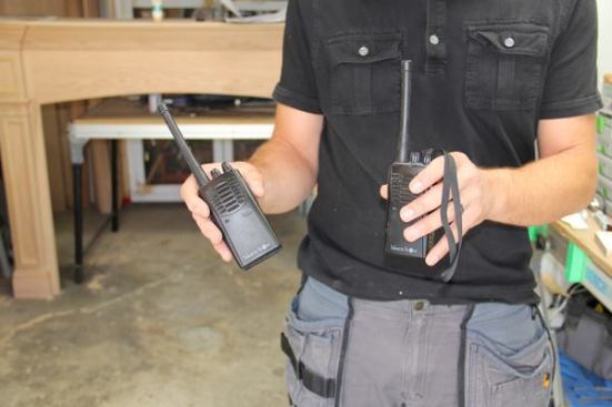 When we trim rooms with high ceilings I’ll be on the scaffolding while my dad is at the cut station – which is frequently in a different room. I got tired of hollering dimensions and instructions back and forth between rooms so I bought a pair of 2-way radios (these happen to be Blackbox models – but any good brand would work). Now we each carry these radios on our belts. My Dad turns his up really loud so he can hear my requests while he’s at the cut station. The only problem is getting both parties to speak and respond with proper radio communication, these are not cell phones. “10-4”.