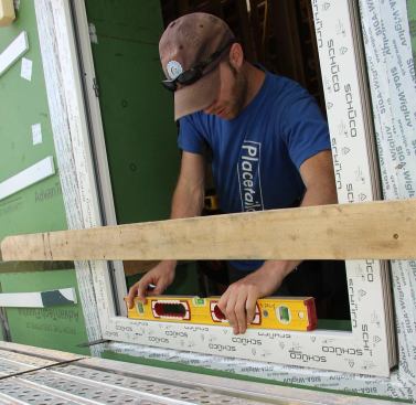 The window sill is checked for level ...