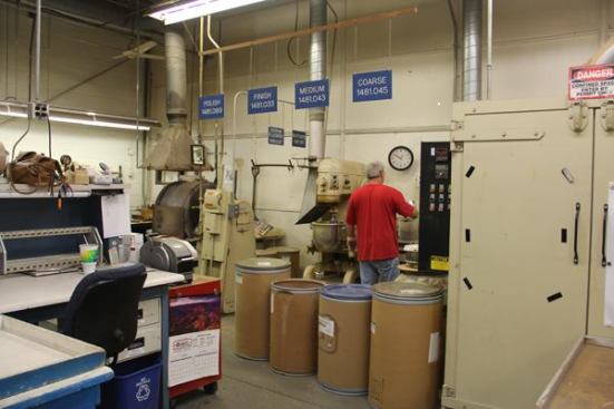 One room in the plant is essentially a commercial bakery. But it doesn’t make bread or anything edible; it makes commutator dresser stones, abrasive blocks used to resurface the commutators of electric motors. The ingredients are mixed a commercial mixer and baked in forms as if they were bread. Commutator dresser stones were IDEAL’s first product, developed by its founder, Walter Becker, in his mother’s kitchen in 1916. The company now produces a broad array of tools and supplies, but still makes dresser stones.