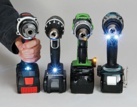 Headlights. All the tools except the Hilti have LED headlights, all of which illuminate the point of a standard spade bit with no shadows. From left: Bosch's trigger-activated light is in the base so the chuck won't cast a shadow on your target when you’re using short bits. Panasonic's basemounted light turns on and off with a push button and shuts itself off after the tool idles for five minutes. Hitachi's push-button amber light is built into the belt hook and requires separate batteries. It automatically shuts off in 15 minutes. Makita's topmounted, switch-activated light stays on for about 10 seconds after you release the trigger.