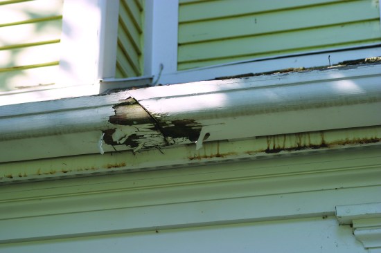 Most of the mitered seam-work leaked, leading to paint failure and rot.
