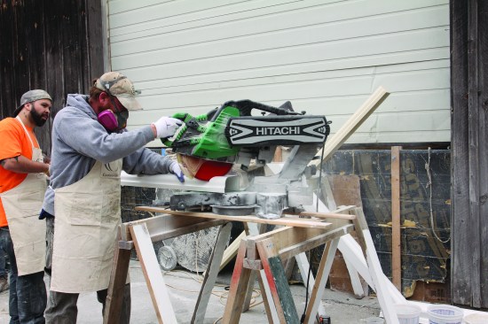 Moore used a standard miter saw with the same fine-tooth cutting blade used for cutting wood. He recommended using a vacuum attachment on the saw and wearing a NIOSH-approved respirator whenever cutting or mixing the gel-coat resin.