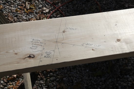 Here the birdsmouth lines are labeled. Extra space is added beyond the plate line to make room for the point of the plates and the wall sheathing.