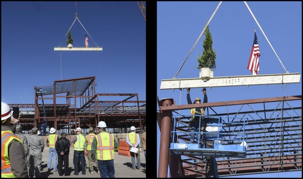 In steel-frame construction, the “topping out” ceremony has evolved to include four elements: an evergreen tree, a celebratory party, the flag, and the signing of the beam.