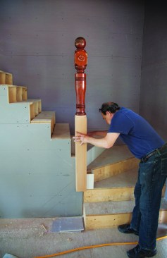 On this project, three salvaged newels were re-used; the largest of the three was installed at a first-floor winder stair.
