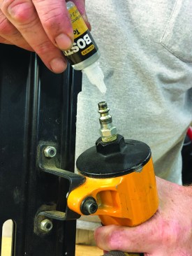 When you have finished rebuilding the nailer, test the tool to ensure that it’s working properly. As should be done with every use, add a couple of drops of air-nailer oil before connecting the air hose.
