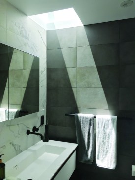 Skylights over the shower and sink make up for the room’s lack of windows.