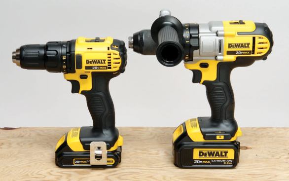 Full-size 18-volt drill/drivers can be significantly bigger and more powerful than their compact 18-volt counterparts. For instance, DeWalt recommends using auger bits up to 1-1/4 inches and hole saws up to 4 inches in diameter with its premium 20V Max (right), but the numbers drop to 7/8 inches and 2 inches, respectively, for its compact 20V Max (left). That’s why most compacts don't have side handles.