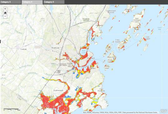 Even the Maine city of Portland could experience 9-foot or higher storm surge flooding in a worst-case storm, according to the NHC’s Slosh map. However, the map does not provide detailed information on particular properties’ risk of flood (see next frame).