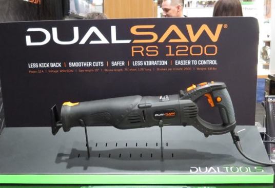 This recip saw has two blades instead of one. While one is on the forward stroke the other is on the backstroke – the idea being that this makes for better control and less vibration. I saw a guy cut with it and it looked pretty smooth. But I didn’t get to cut with it myself. This 12-amp saw takes proprietary blades and has a switch that allows you to change the stroke length at will (3/4” or 1 1/4”). The saw shown here is a prototype. According to the manufacturer, the saw will hit the market late this year and retail for $159.