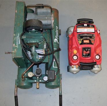 At 500 psi, Max's 2.6 gallon twin-pontoon tank holds more air than the author's standard 9-gallon compressor (at left), but it doesn't refill the tank as quickly.