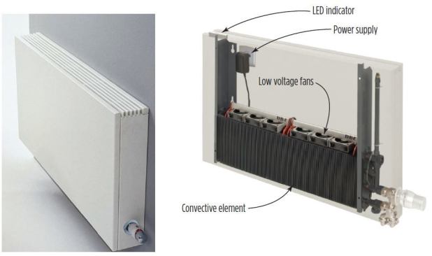 Jaga North America's panel radiator is enhanced with low-voltage micro-fans and can operate at water temperatures as low as 95°F.