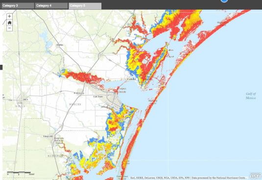 Although nearby barrier islands and undeveloped low-lying areas near Corpus Christi, Texas, could experience 9-foot or higher water in a Category 5 hurricane storm surge, most of Corpus Christi proper would not be inundated, according to the NHC’s worst-case surge map.