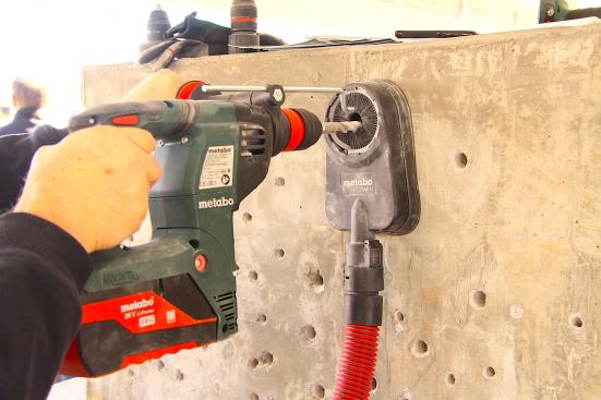 Metabo showed off their SDS Plus 36V cordless hammer drill and dust system. They mentioned a battery adapter that’s in development for using two 18V batteries in their 36V tool line. The new dust shroud sticks to the wall and pulls dust into the vacuum at the same time.