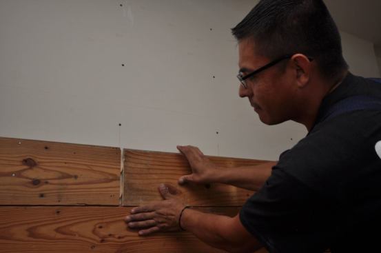 You’ll notice that we are re-installing the pine on top of the Sheetrock. That’s critical in my opinion. Wood is terrible for air infiltration and for sound reduction. Drywall is cheap and you only really need to finish it to a tape coat before installing the wood overtop.
