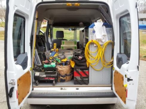 Get rid of blow-molded cases. You should probably do this even if you don't have a van. They are frustrating to use and take up way too much space. I use an assortment of milk crates, old school metal toolboxes, and soft bags to carry my power tools (for easier access some are stored loose in the Sortimo shelving unit). The exception to that rule would be my laser and Festool products; those I store in the supplied cases.