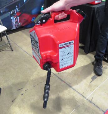 Sure Can. This new gas can allows you to dispense fuel without tipping the can. The spout swings down from the bottom and fuel will flow when a valve is pressed on top of the can. This product is currently undergoing testing for CARB compliance. A 2-gallon model will come out this summer and is expected to sell for $28. A 5-gallon model is planned for 2015.