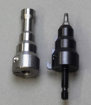 The piece on the left is a conduit reamer at an intermediate stage of production. The one on the right is complete and has received a black oxide coating, a hex shaft, and a removable blade and driving tip. It’s designed to be used in a drill or impact driver.