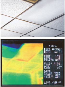 Unfinished galvanized steel roofs may look shiny when new, but they age quickly to become very nonreflective. The infrared thermal scan shows the drop ceiling at a radiant temperature of almost 90°F under the metal roof of a strip mall building, despite insulation below the roofing.