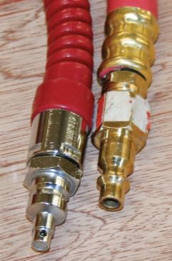 The standard hose (at right) and high-pressure hose (at left) have different male fittings to prevent mix-ups. The high-pressure fitting is closed at the end, with two small opposing holes on the sides; this arrangement prevents a pressurized hose from whipping around when it's disconnected from an outlet.