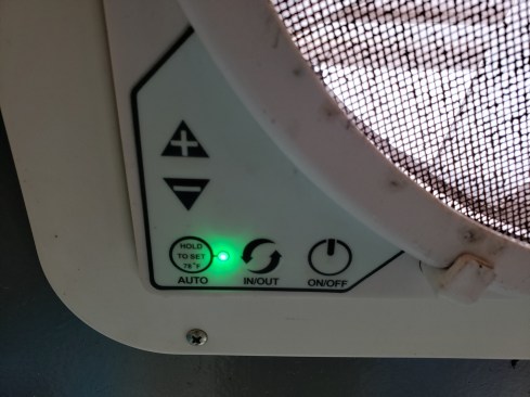 The fan is connected to the 12-volt DC system and runs as needed to keep air circulating.  I keep mine set to exhaust air out.  It can be switched to pull air in as well.  The 12-volt DC systems also powers a GPS tracking device, more details on that later. 