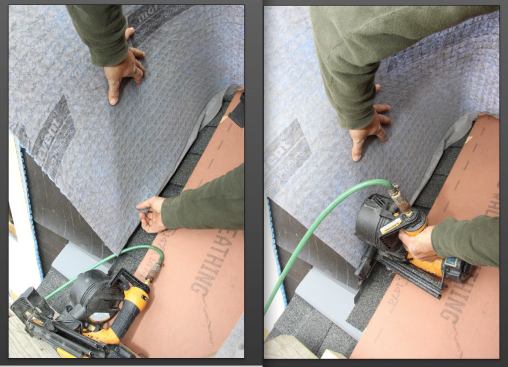 Pollard tucks the fabric face of the Mortairvent rainscreen fabric under the sheet to serve as an insect screen (left), then fastens the fabric in place using cap nails (right).