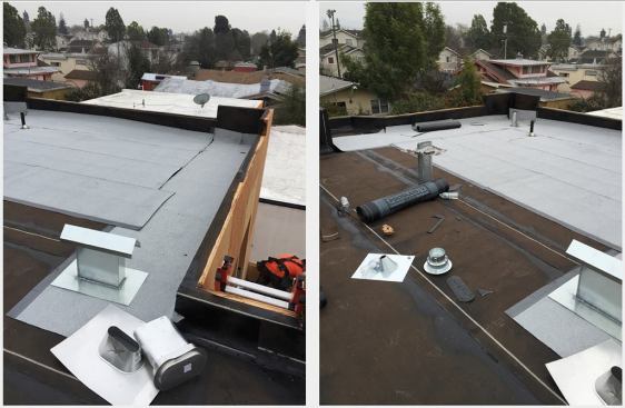 The top weather surface of the three-ply membrane roof, with light-colored reflective granules.