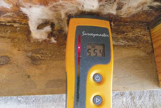Some water flowed down the exterior, soaked through the ACMV, passed through the housewrap by capillary action, and soaked the OSB sheathing, where we measured 55% moisture content.