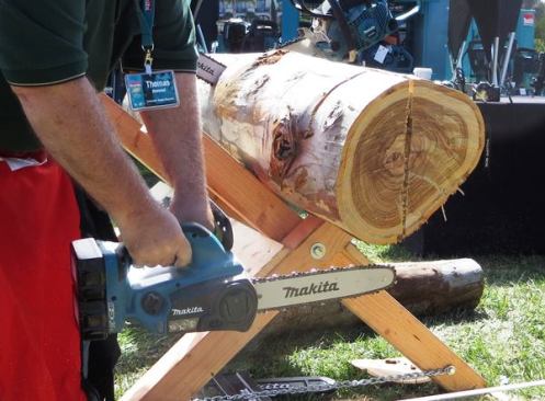 Makita’s 36-volt X2 chainsaw (XCU02Z) is powered by two 18-volt batteries and has been available in the U.S for more than a year. Intended for use by landscapers and arborists, it could also be used for cutting oversize timbers and beams. This photo was taken at the end of a cut through a 12-inch eucalyptus log, a task beyond what the tool was designed for, but one that it was able to complete. In addition to the cordless chainsaw, Makita offers 18- and 36-volt blowers, string trimmers, and hedge trimmers. The X2 chainsaw is made in Japan and costs about $200 bare (no charger or batteries).