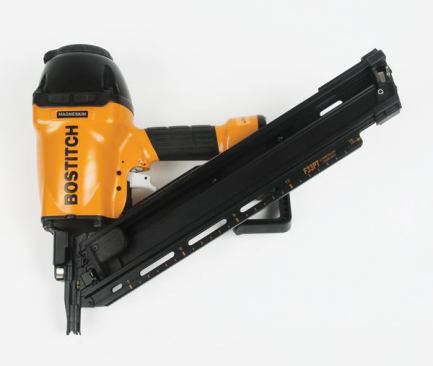 The F33PT closely resembles Bostitch’s wire-weld nailer but is a half-pound heavier. Features include a pivoting rafter hook, a push-button depth-of-drive mechanism, and an accessory tip that allows you to use it in place of a metal connector nailer. This is a powerful gun, but it feels somewhat bulky and occasionally double-fired on us.