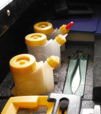 I use FastCap’s BabeBots to dispense wood glue and solvents such as lacquer thinner and denatured alcohol - which I use to remove pencil marks and adhesives from various surfaces. BabeBots are the smaller version of the GluBot. These no-spill drip-proof bottles can dispense glue (or whatever) without being tipped and when you stop squeezing them the material they contain is sucked back in. They take a bit of getting used to, but once you do, there is no going back to other dispensing bottles. What’s more, there are all kinds of tips and accessories that can be used with them.