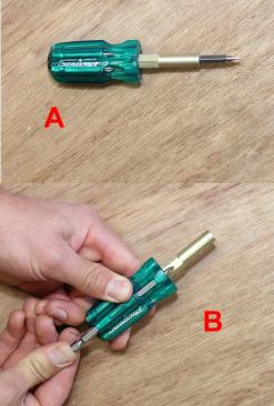 Picquic Dash 7 multi-driver  I enjoy looking at the cheap gadgets that are displayed on the counters at lumberyards and supply houses. They’re usually nothing special but this multi-driver caught my eye because it’s very compact (A). Like other tools of its kind, the bits store in the handle; when you push one in, the one in front of it comes out (B). The included bits are better quality than most and have 1/4-inc hex shanks so you can chuck them into a cordless drill. If you need more torque while driving by hand you can apply some oomph by putting a wrench on the flats of the shaft.