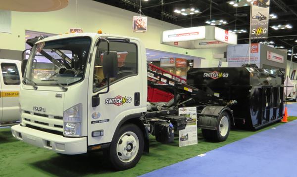 Switch-N-Go makes detachable work truck bodies that are hoisted onto the vehicle the way dumpsters are hoisted onto their trucks. With this system a single truck can be used to haul multiple bodies, including storage boxes, flatbed/equipment bodies, stake beds, and of course, drop boxes (dumpsters).