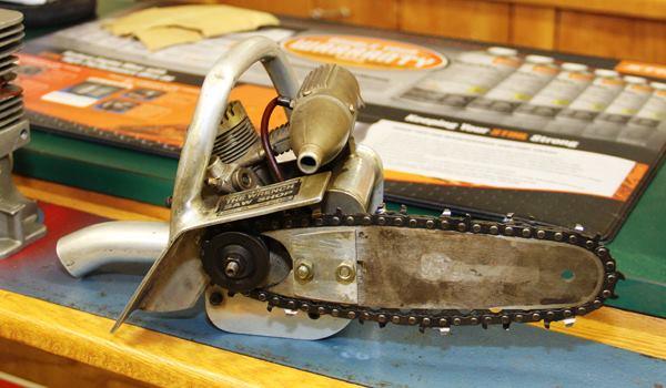 When Wayne was running his repair shop he and employee Bruce Thacker built this fully functioning miniature version of the hot saws (souped up—super fast saws) they were building for Timbersports competitors. The mini saw has an oiler, 4-5” blade, and the type of gas motor used in remote control airplanes.