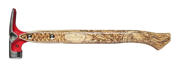 Arthur got this “Toasted” Woody in 2013 as a memento to celebrate his collection hitting the 200 mark. The hammer is a D20W Douglas, with art provided by Quintyn Zilembo of ToastedBoardz in Grants Pass, Oregon. Zilembo uses pyrography (wood burning) to decorate skateboards, axes handles, toolboxes, and anything else that catches his eye.