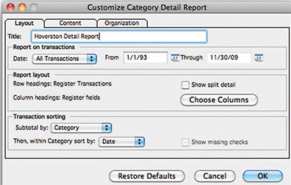 Under the Layout tab in the pop-up, title the report and indicate the type of information you want and the date range.
