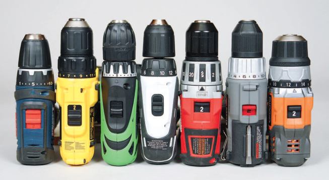 Bosch and Ridgid have been competing for a while to produce the shortest subcompact. At the moment, it's Ridgid (far right) over Bosch (far left) by a hair.