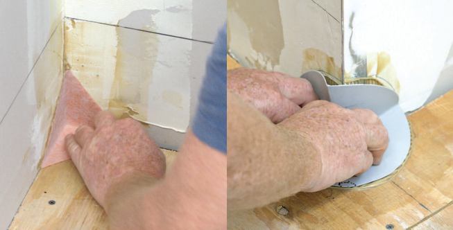 He works the inside corner (left) and outside corner (right) pieces into the contact cement with his fingers.