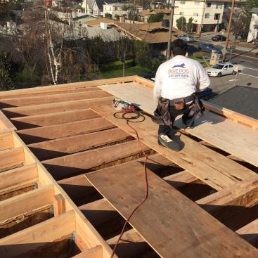 Another look at the low-slope roof as the crew gets ready to apply the roof deck sheathing.