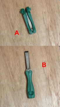 FastCap Pocket Chisel I used to avoid putting sharp chisels into my bag or work wear pockets for fear it would rub against something and get dull or cut up my gear. That won’t happen with these chisels because the handles fold to cover the blade (A) and unfold to reveal it (B). They’re inexpensive and can be used for fine work or as general purpose beaters.