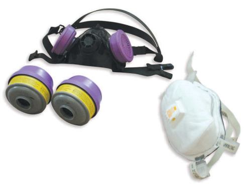 A half-face respirator with purple (HEPA) filter cartridges is standard equipment for workers who routinely disturb lead paint (the extra-thick purple and yellow cartridges offer additional protection from lead or chemical fumes). Remodelers, electricians, and other workers who don’t disturb lead very often can wear a comfortable N100 disposable respirator.