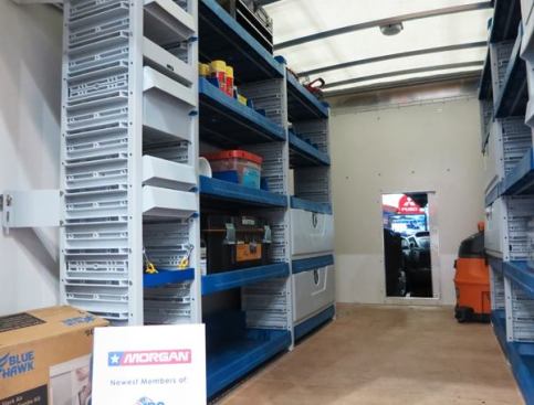 You’re looking at MasteRack SmartSpace configurable van shelving installed in a Morgan Mini-Mover Pro box. Made from structural foam and aluminum, they are up to 33% lighter than comparable steel interiors. The units are modular, so they can be quickly reconfigured.