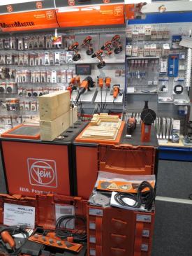 A small section of the showroom is devoted to Fein. There are some drill drivers, impact drivers, and grinders—but mostly it is multitools and accessories. Note the Systainer style boxes, which are different than the boxes Fein typically uses in the U.S. Systainers are better and Fein may soon be supplying them with some of the tools they sell here.
