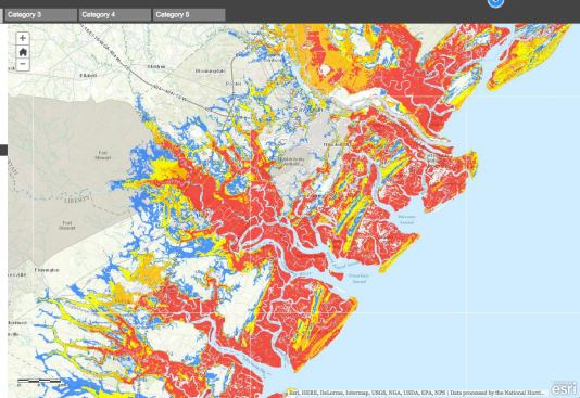 The low-lying wetlands and shore surrounding Savannah, Georgia, could see extensive 9-foot storm surge floods in even a Category 2 hurricane. A major hurricane, such as Savannah has not seen in more than a century, could pose a massive inundation risk to much of the city and surrounding area (see next frame).